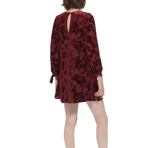 Calvin Klein Red Burnout Velvet Floral Trapeze Mini Dress 4 - Picture 3 of 7